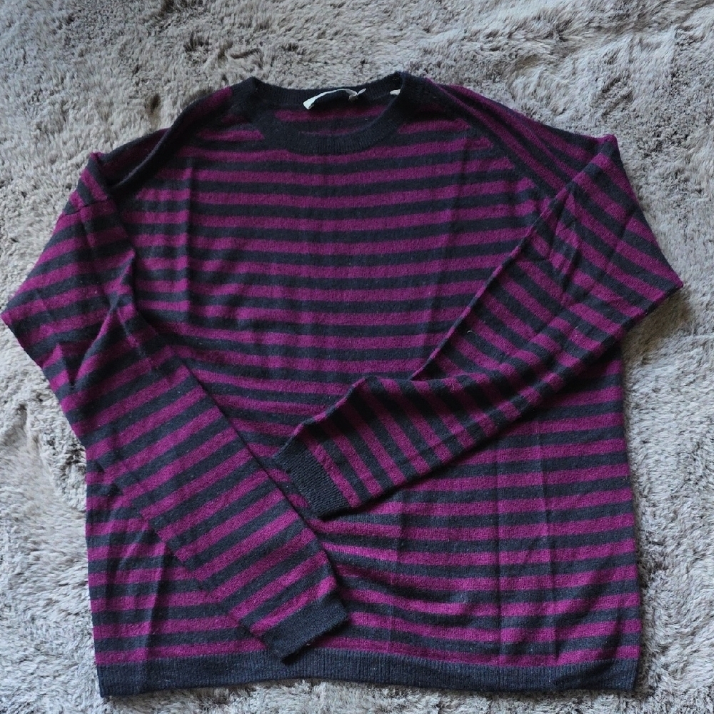 Vince Cashmere Purple and Purple Black Crewneck Sweater with Stripes Size M - Picture 2 of 9